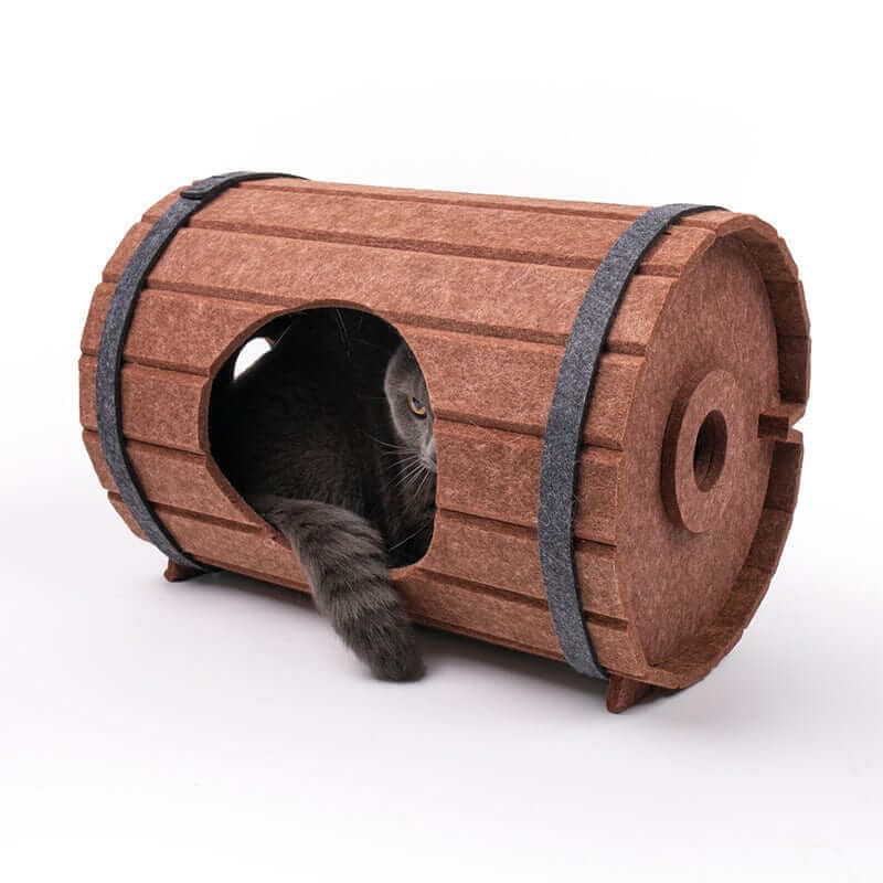 Multifunctional Wine Barrel Cat Bed & Scratcher House for comfortable cat napping and scratching.