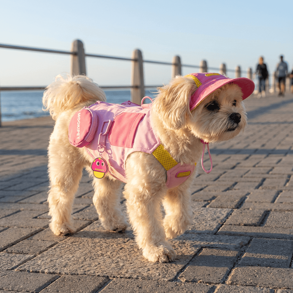 Small dog wearing Mushroom Pendant Charm Dog Summer Vest, cute mushroom charm detail, perfect for summer outings.