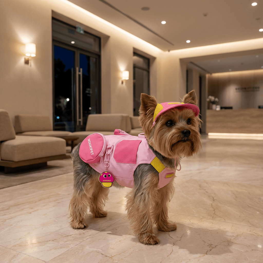 Mushroom Pendant Charm Dog Summer Vest modeled by a stylish dog featuring a pink design and mushroom charm detail.