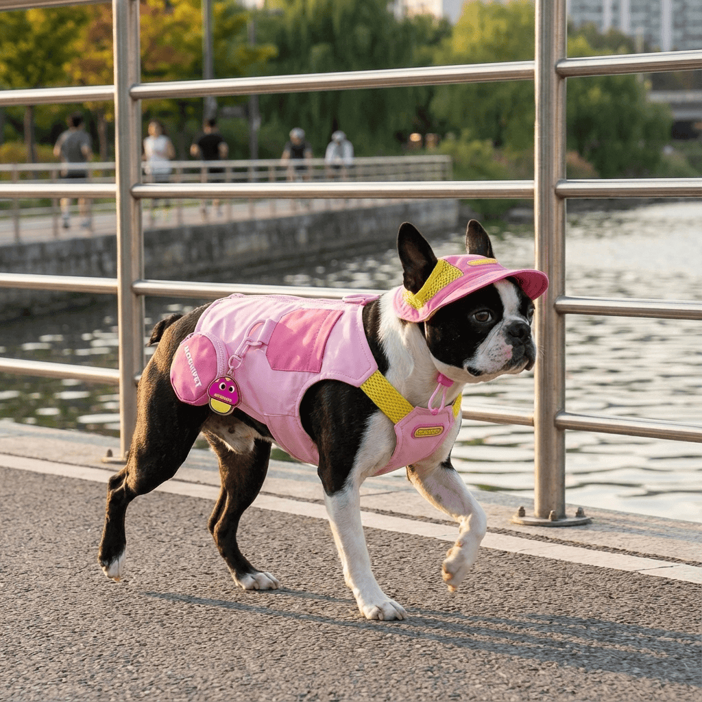 Mushroom Pendant Charm Dog Summer Vest on a stylish dog by the water, perfect for summer adventures.