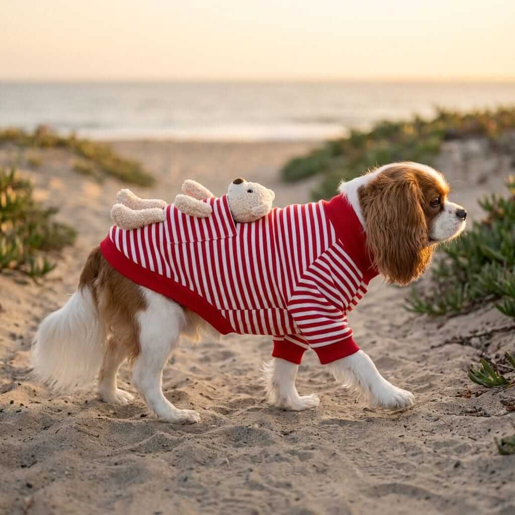 My Teddy Bear Small Dog Sweater on a dog at the beach with a teddy bear design and soft cotton materials.