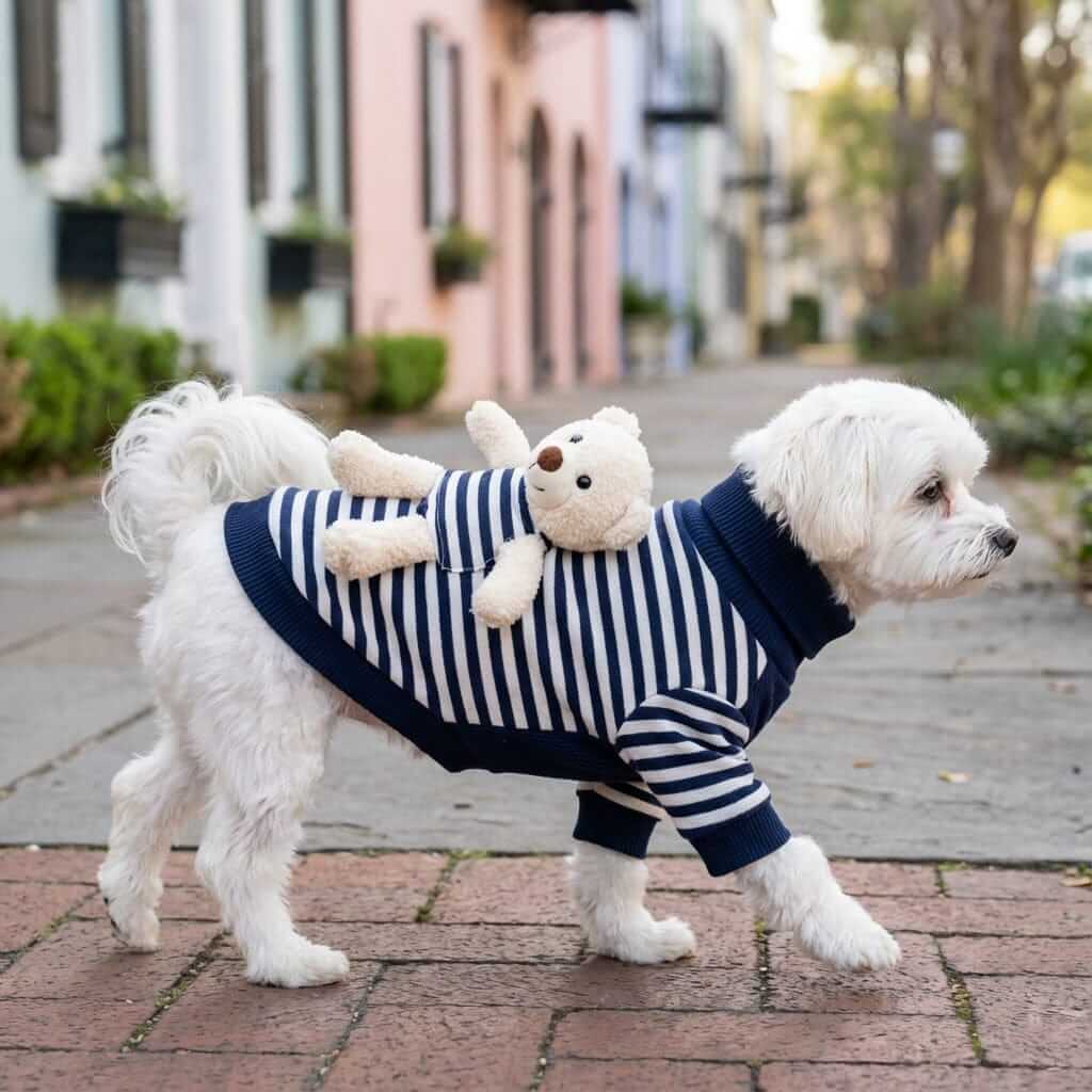 My Teddy Bear Small Dog Sweater on a small dog with teddy bear, featuring a stripe pattern for warmth and comfort.
