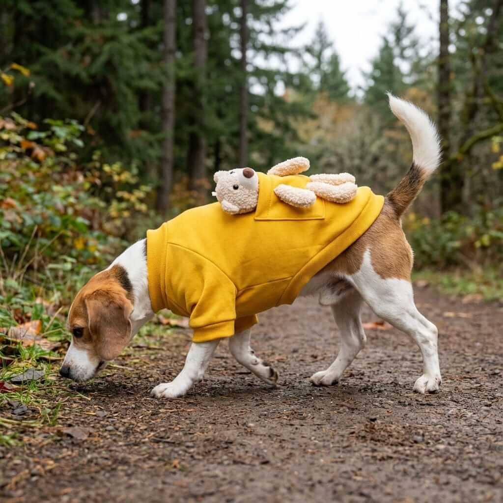 My Teddy Bear Small Dog Sweater on a beagle, featuring a teddy at the back, perfect for dogs & cats.