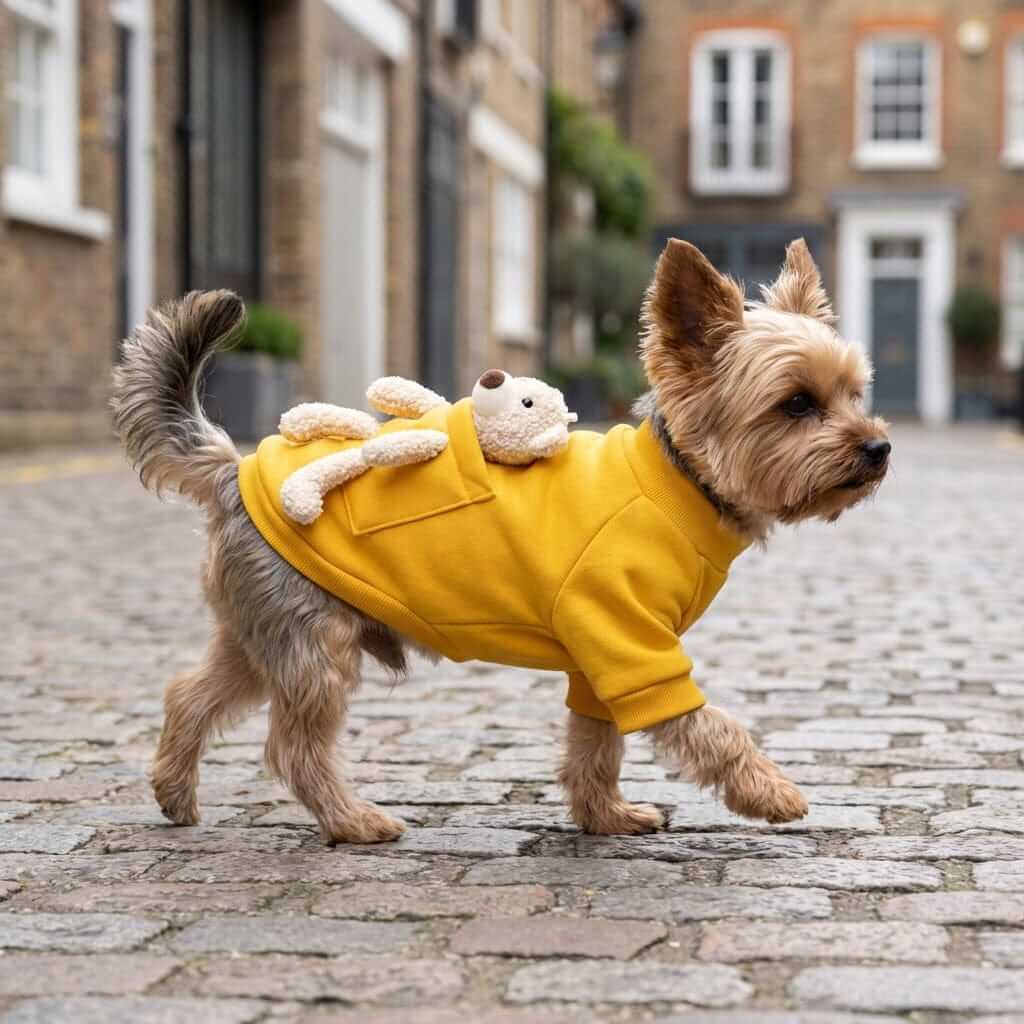 My Teddy Bear Small Dog Sweater worn by a small dog, featuring teddy back design and breathable fabric.
