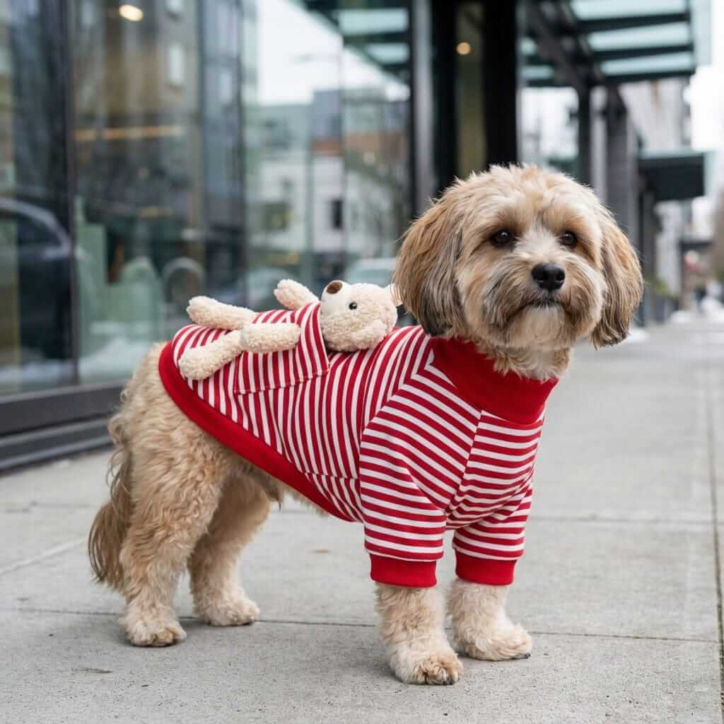 My Teddy Bear Small Dog Sweater on a small dog, featuring a teddy at the back, breathable, soft, and cozy.