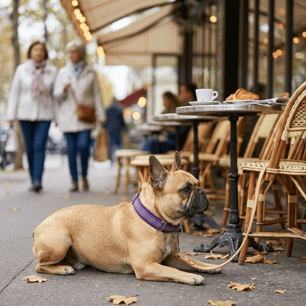 NightSafe Neoprene Dog Collar on a French Bulldog at a cafe, showcasing comfort and style for dogs.