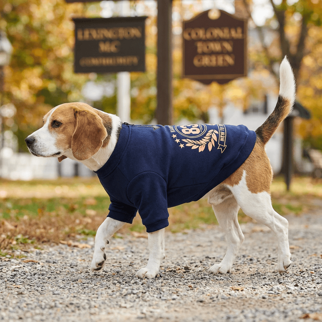 A Beagle wearing the New To Sports Dot Sweatshirt, featuring short sleeves and a comfortable fit for pets.