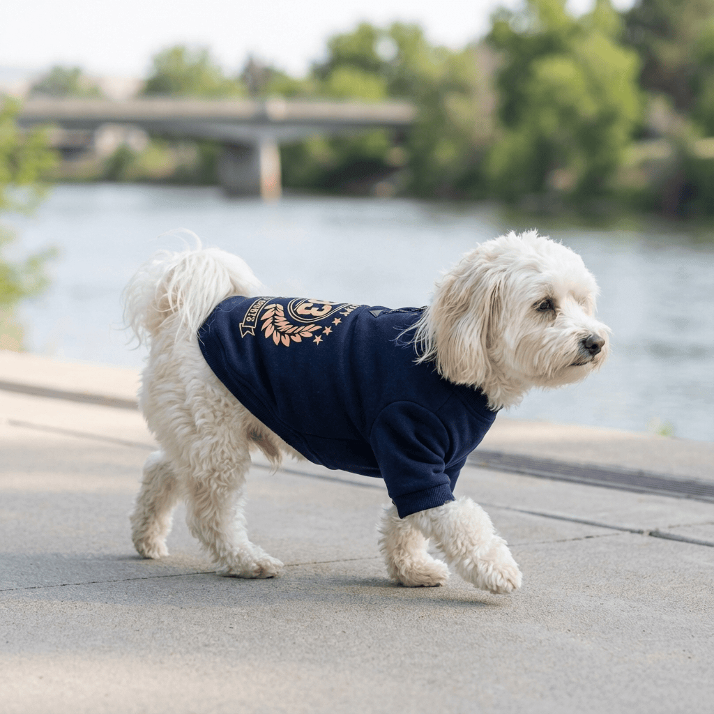Dog wearing New To Sports Dot Sweatshirt, featuring breathable soft material, short sleeves, and comfortable fit for pets.