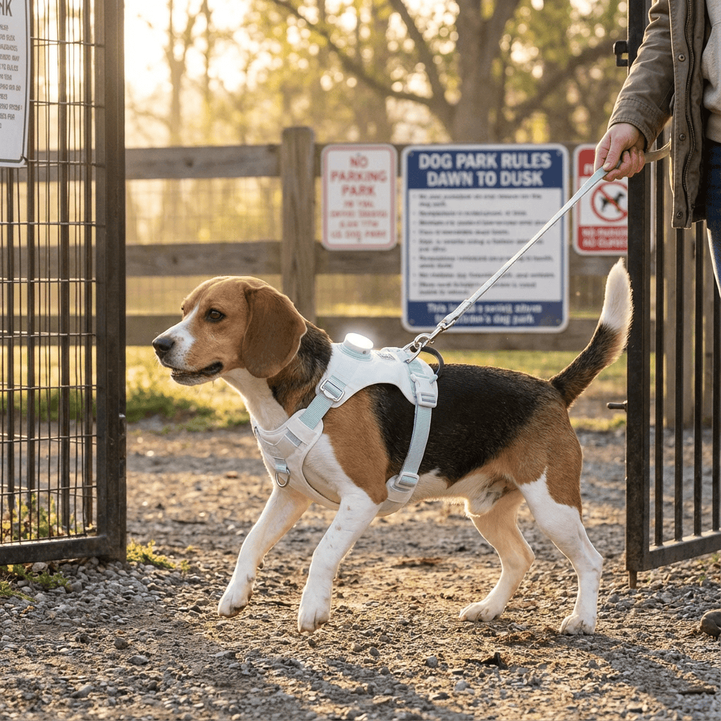 NightBright LED Dog Harness on a Beagle at the park, showcasing its LED feature for visibility during walks.