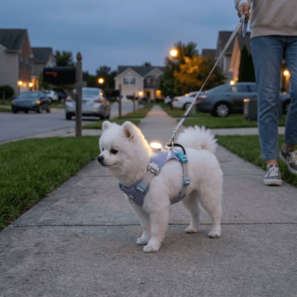 NightBright LED Dog Harness on a fluffy white dog during a nighttime walk, showcasing its illumination and style.