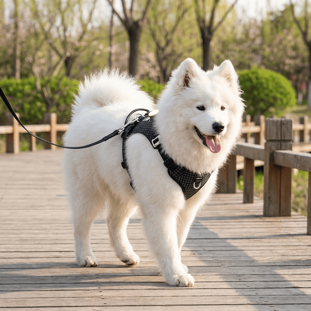 NightBright LED Dog Harness on a fluffy Samoyed walking on a wooden path, showcasing its comfort and visibility.