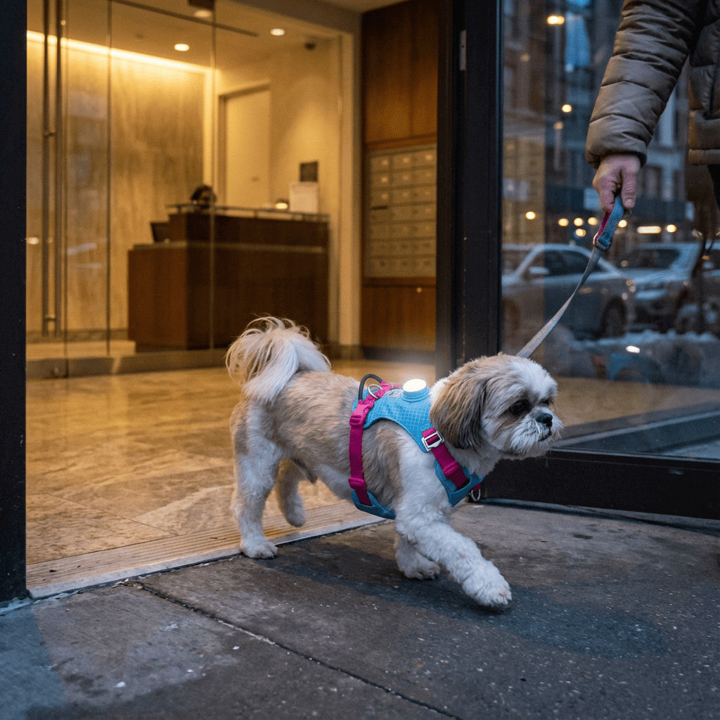 NightBright LED Dog Harness on a small dog walking outside, featuring bright LED light for visibility.