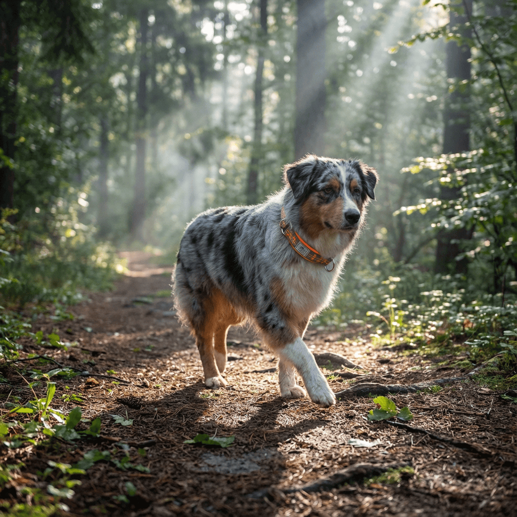 NightSafe Neoprene Dog Collar worn by a dog in a forest, featuring soft neoprene and reflective stitching.