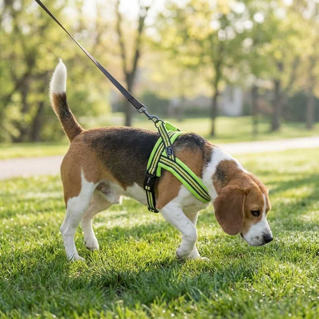 Beagle wearing a No-Pull Padded Dog Harness while walking on grass in a park, showcasing comfort and control.