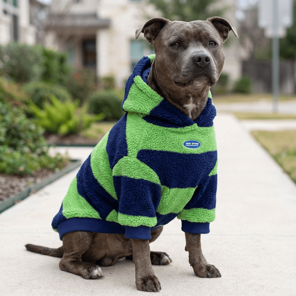 Nordic Stripe Sherpa Hoodie for dogs in green and navy, featuring thick fleece for cold weather comfort by Dogs & Cats.