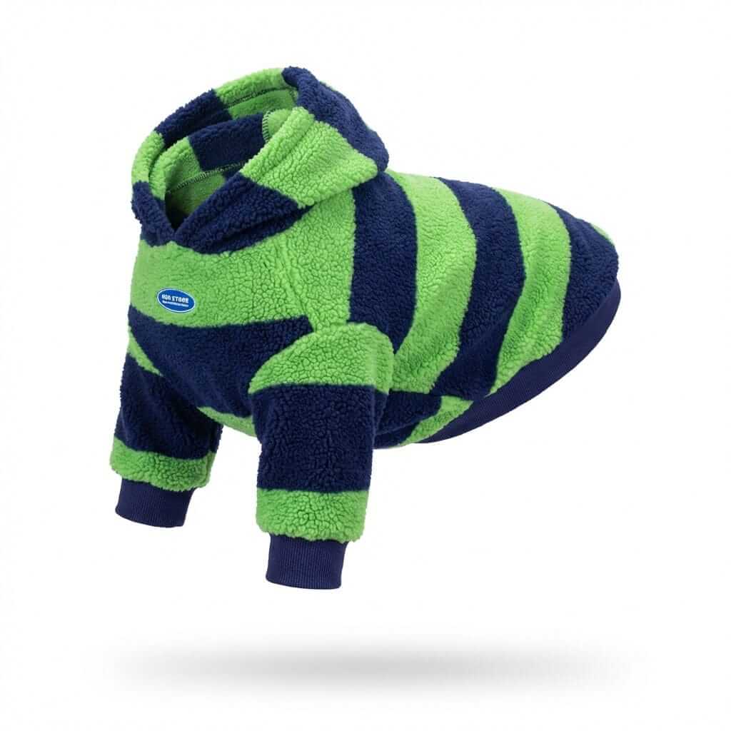 Nordic Stripe Sherpa Hoodie for Dogs & Cats, thick fleece, stylish design, comfortable for cold weather.