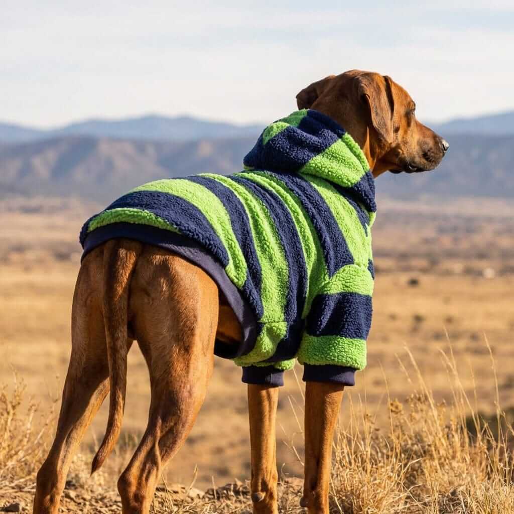 Dog wearing Nordic Stripe Sherpa Hoodie in vibrant green and navy stripes, enjoying the outdoors.