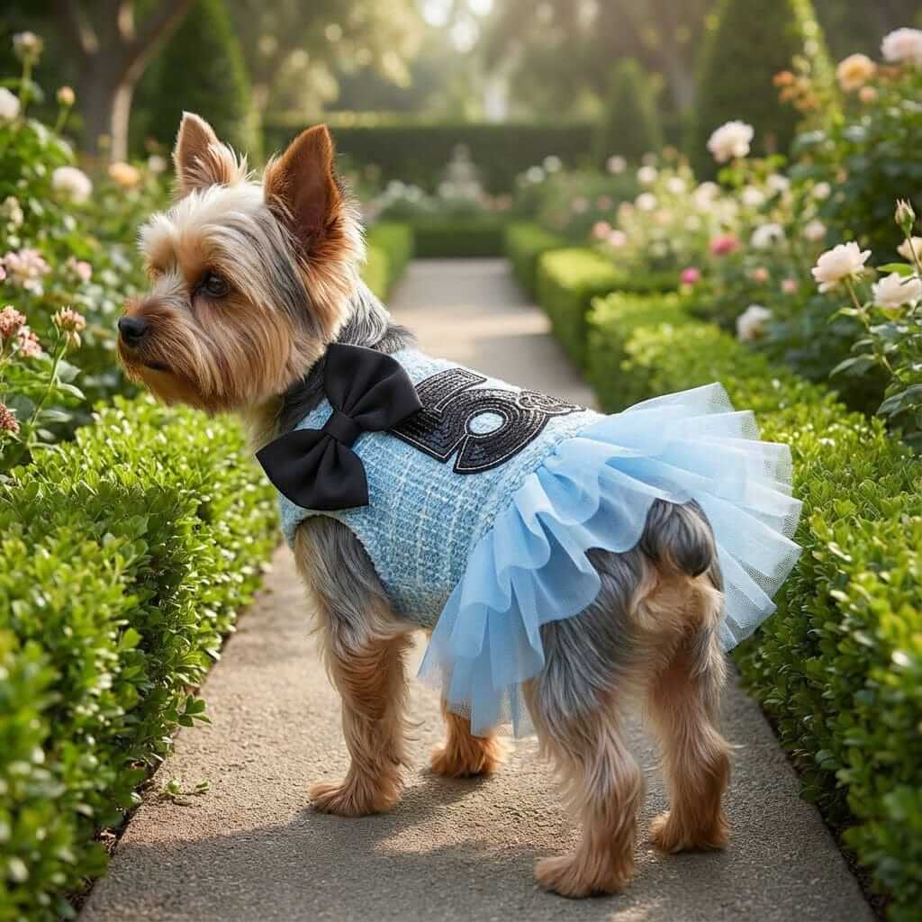 Number 5 Double Bow Tutu Dress on a small dog, featuring a blue tutu skirt and black bow, perfect for Dogs & Cats.