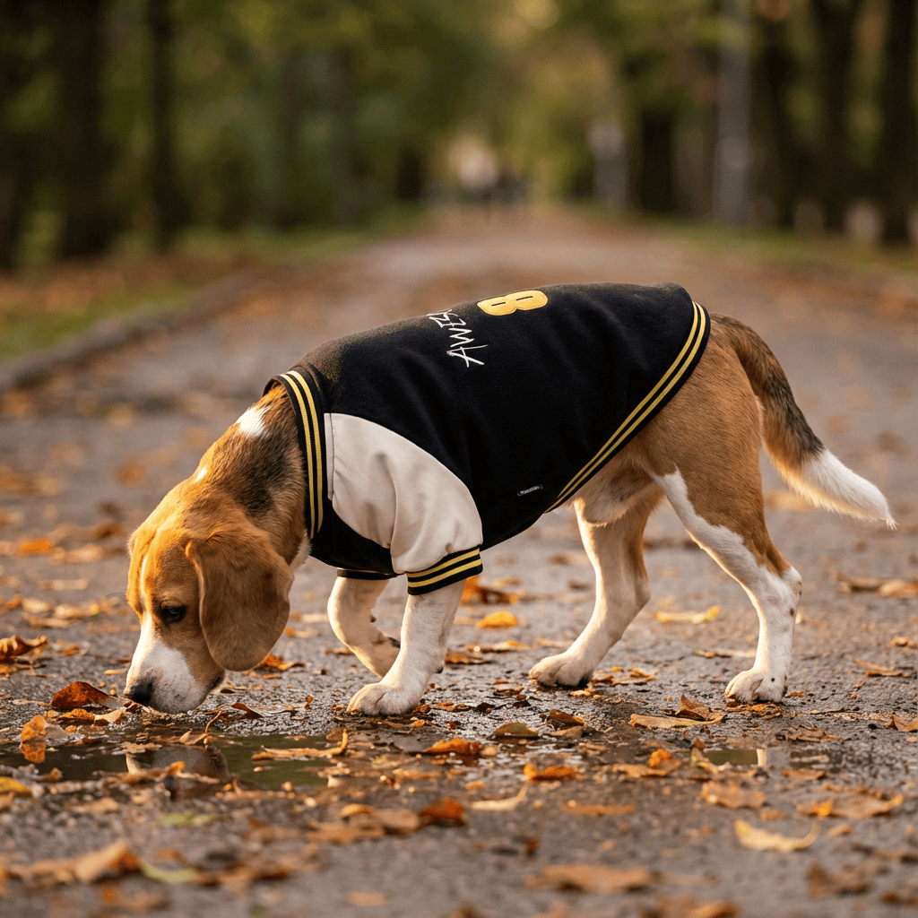 Number 8 Sporty Dog Hoodie worn by a Beagle, showcasing its warm velvet-lined design perfect for chilly days.