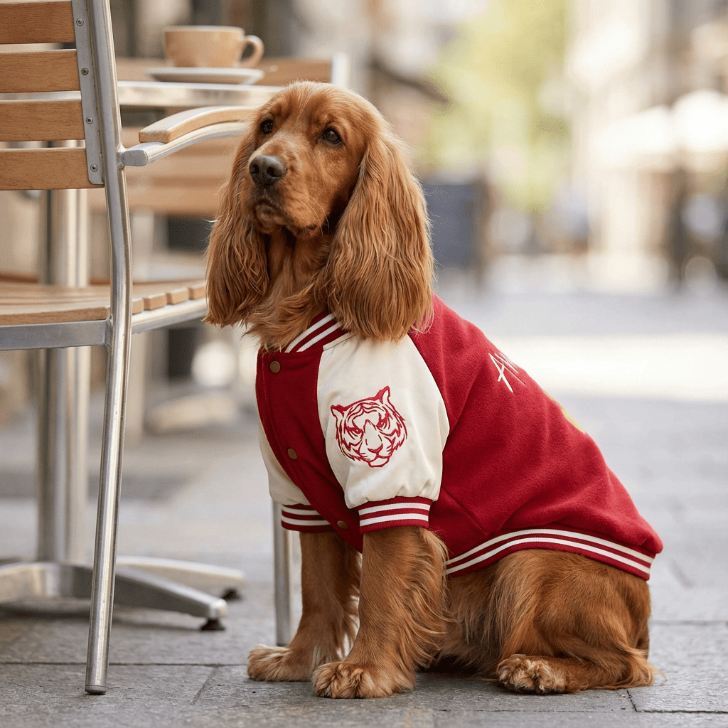Number 8 Sporty Dog Hoodie - stylish velvet-lined baseball sweater for dogs by Dogs & Cats.