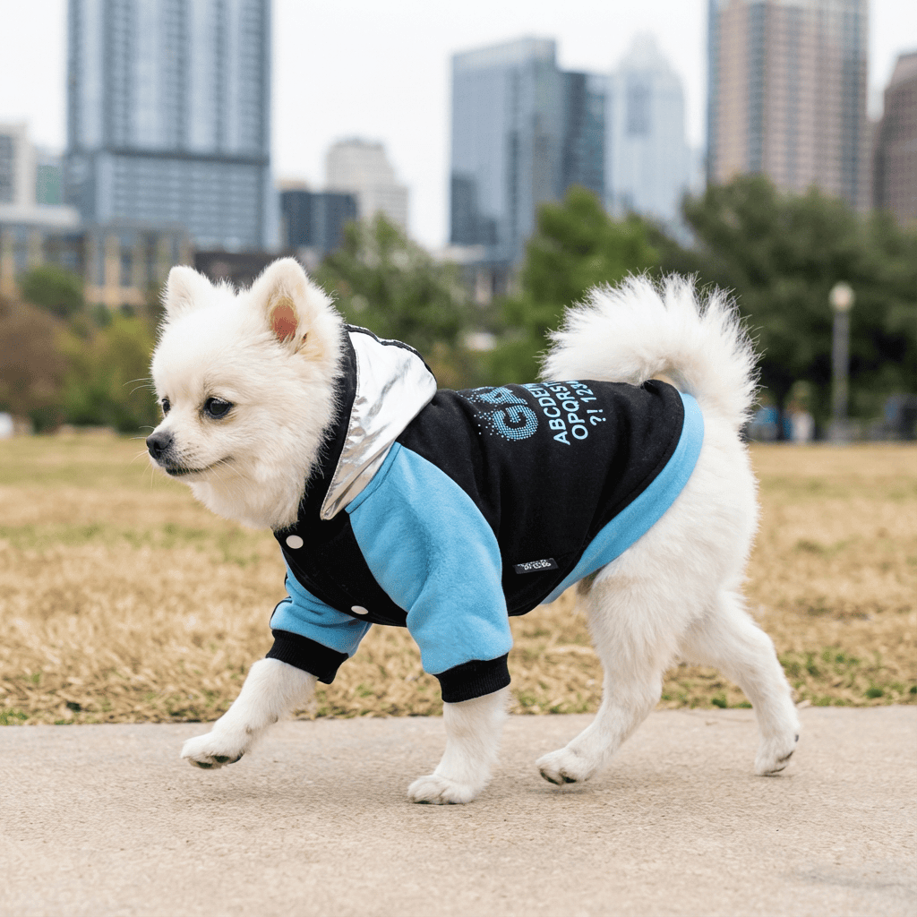 Numbers Game Dog Hooded Sweater on a fluffy white Pomeranian in a park, featuring short sleeves and hooded design.