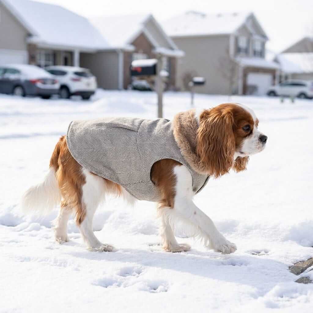 On The Growl Dog Winter Coat on a dog in snow, featuring faux fur collar, cozy design, by Dogs & Cats.