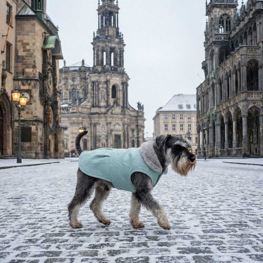 On The Growl Dog Winter Coat on a dog in a snowy city street, featuring faux fur collar and breathable fabric.