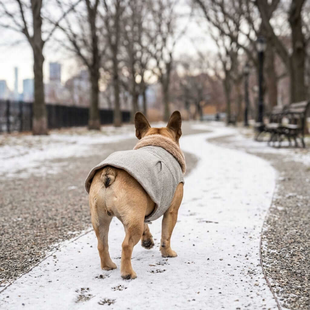 On The Growl Dog Winter Coat on a French Bulldog in a snowy park path, featuring faux fur collar and lightweight fabric.