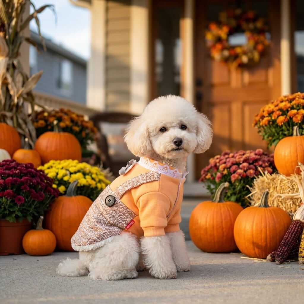 On the Growl Lace Collar Sweater Dress on a dog in an autumn setting with pumpkins and flowers, Dogs & Cats brand.