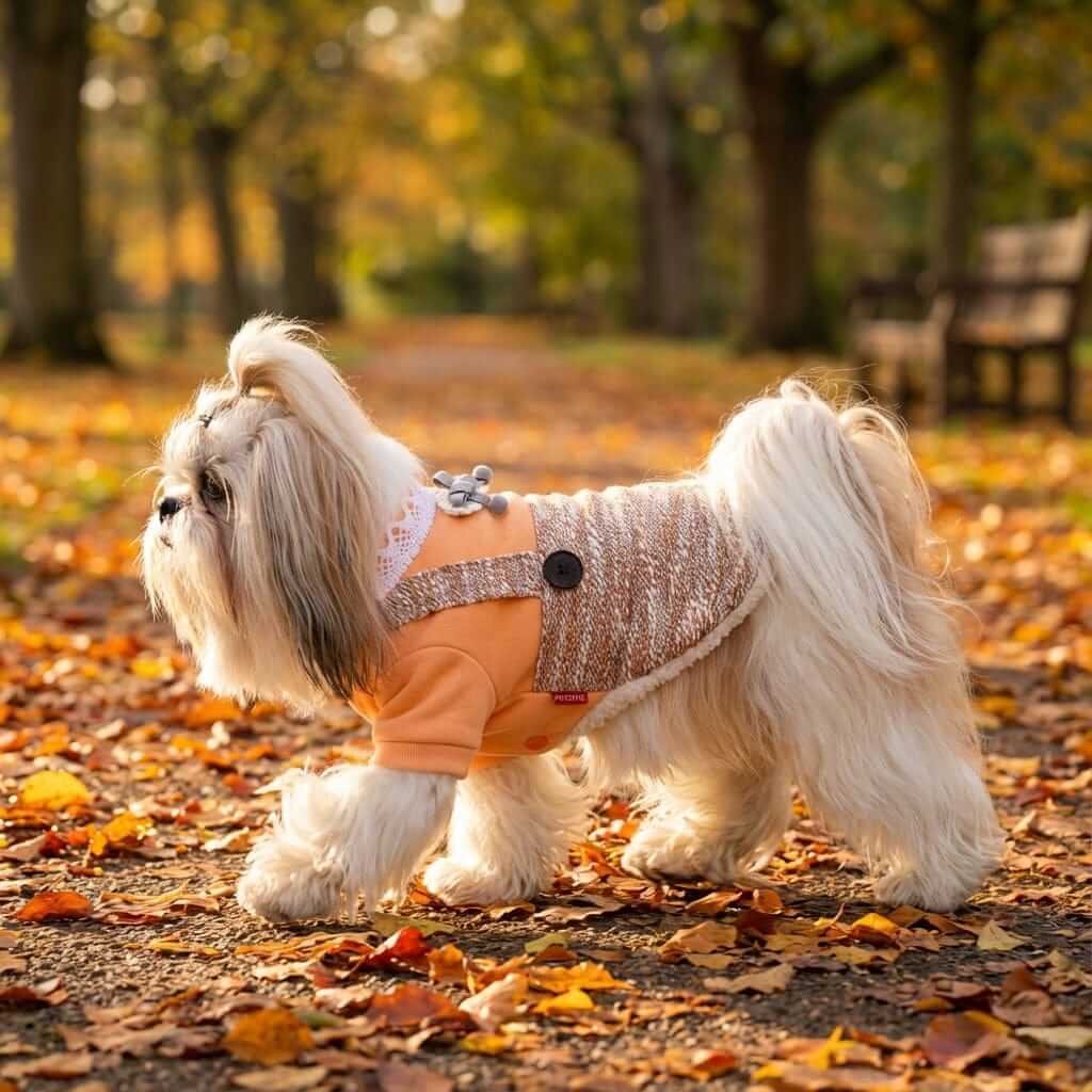On the Growl Lace Collar Sweater Dress on a dog, featuring breathable knitted fabric and a lace collar, for Dogs & Cats.