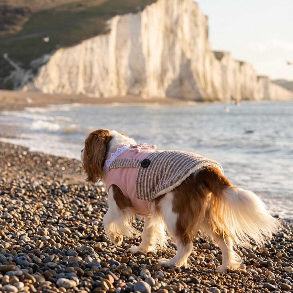 On the Growl Lace Collar Sweater Dress on a dog at the beach, featuring lace collar and bowknot, by Dogs & Cats.