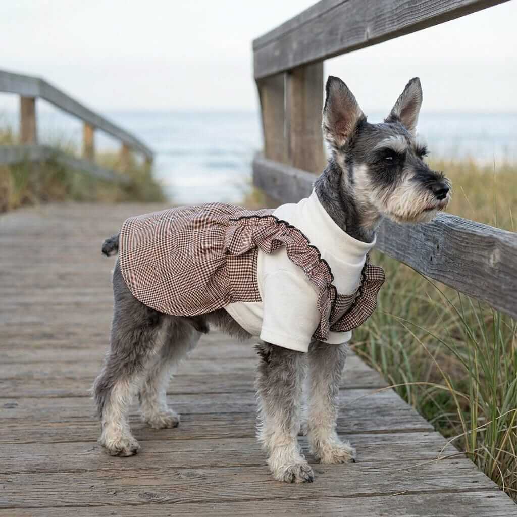 On The Move Two-legged Plaid Dress for dogs, featuring soft fabric, ruffles, and lightweight design by Dogs & Cats.