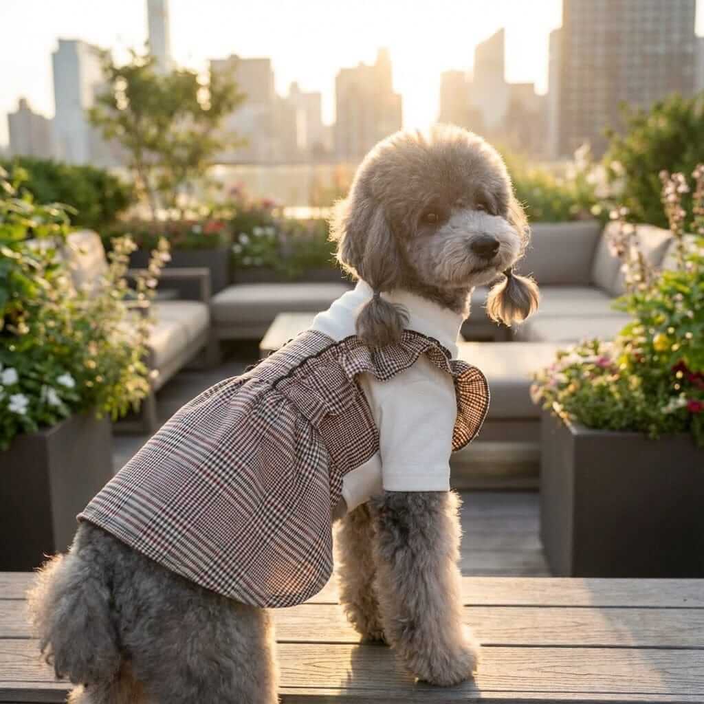 On The Move Two-legged Plaid Dress for dogs, featuring soft fabric, ruffles, and a lightweight feel by Dogs & Cats.