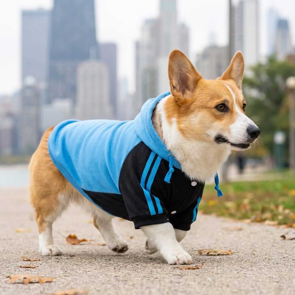 One The Ready Dog Hooded Sweater on a corgi, stylish blue design, breathable fabric, perfect for dogs and cats.