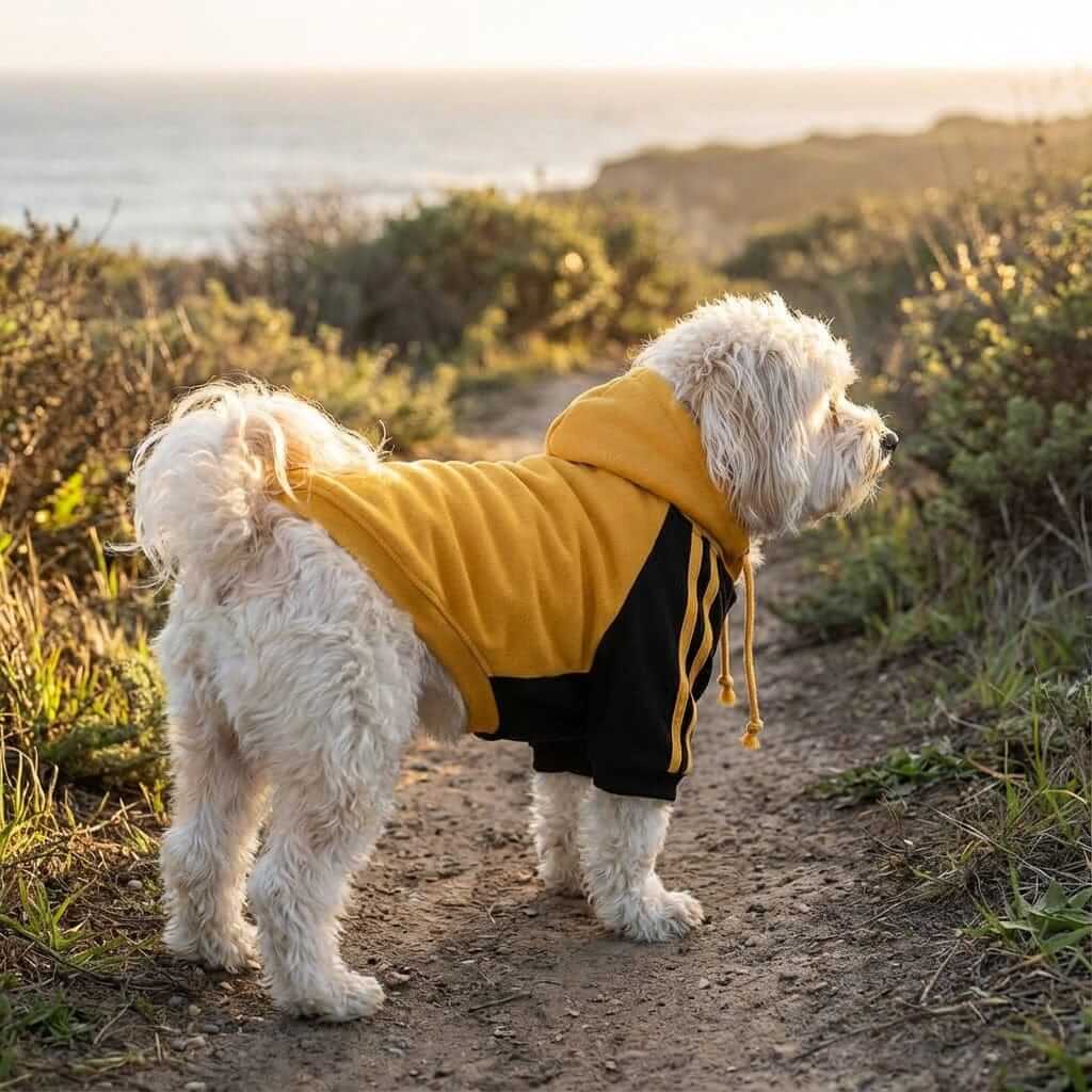 One The Ready Dog Hooded Sweater on a fluffy dog outdoors, featuring a stylish design and breathable fabric.
