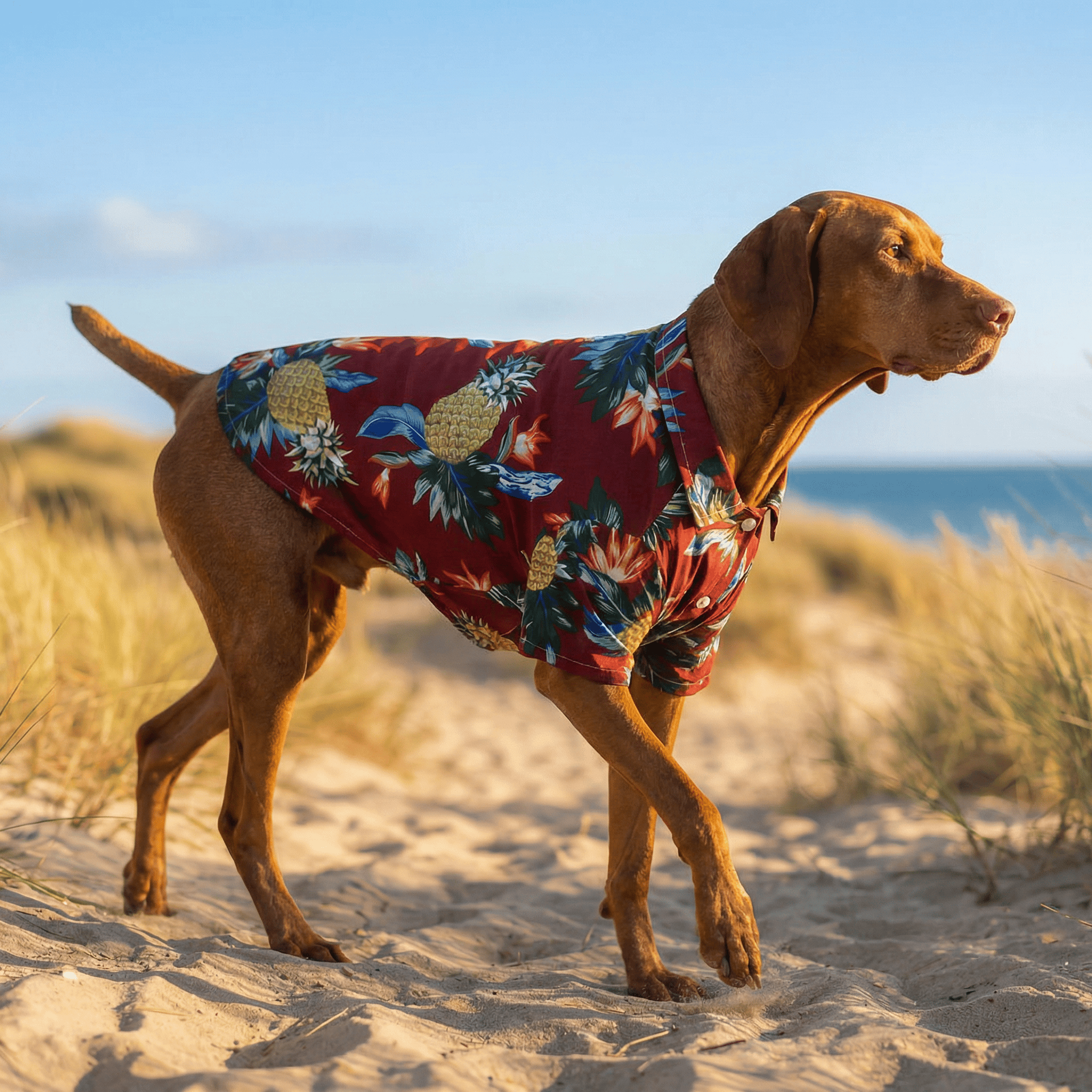 A stylish dog in a pineapple-patterned shirt on the beach, representing Dogs & Cats brand for trendy pet fashion.
