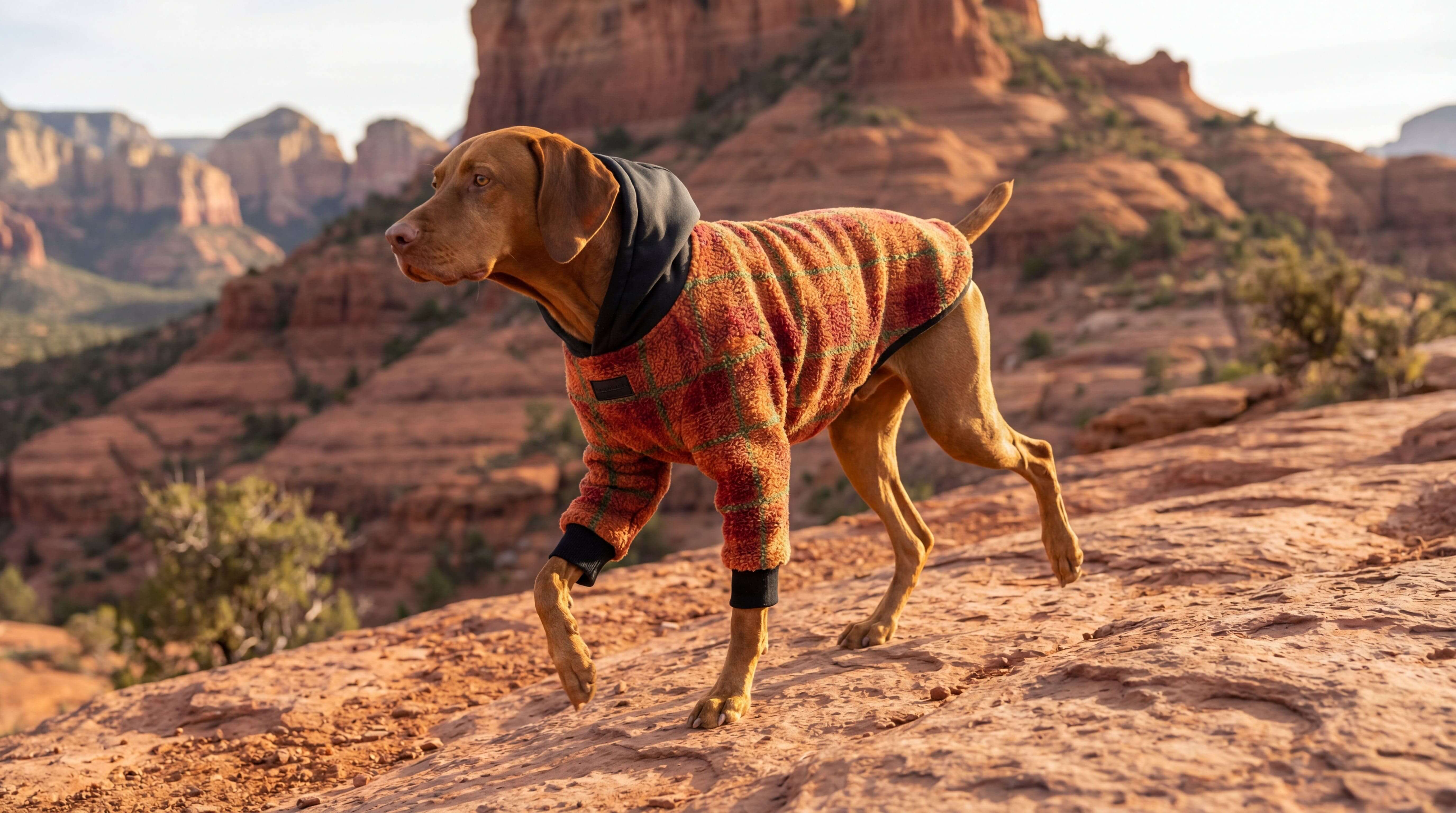 Dog wearing a Dogs & Cats brand cozy flannel hoodie while exploring rocky terrain outdoors.