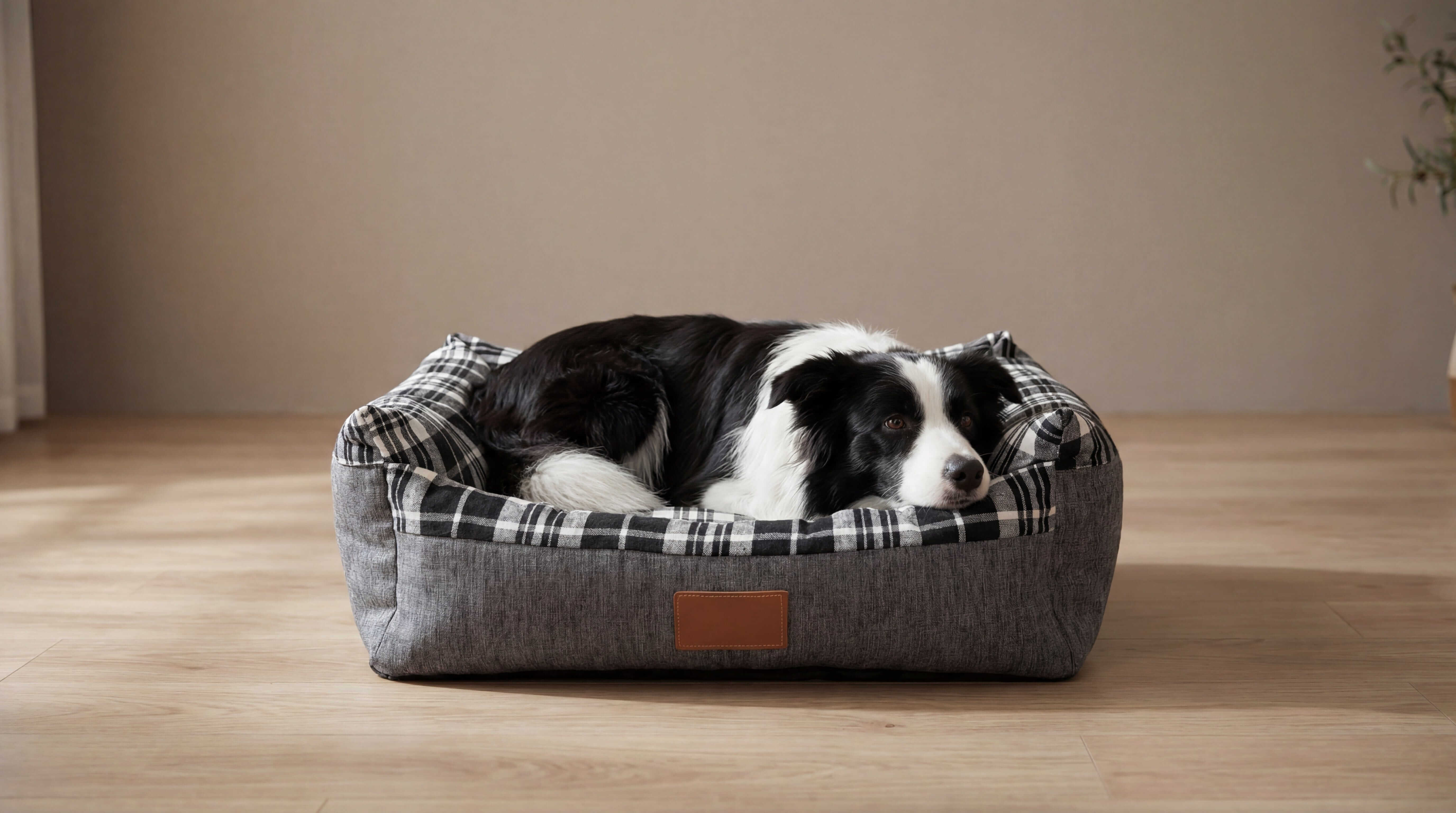 Cozy dog resting in a stylish Dogs & Cats pet bed with plaid design, perfect for comfort and relaxation.