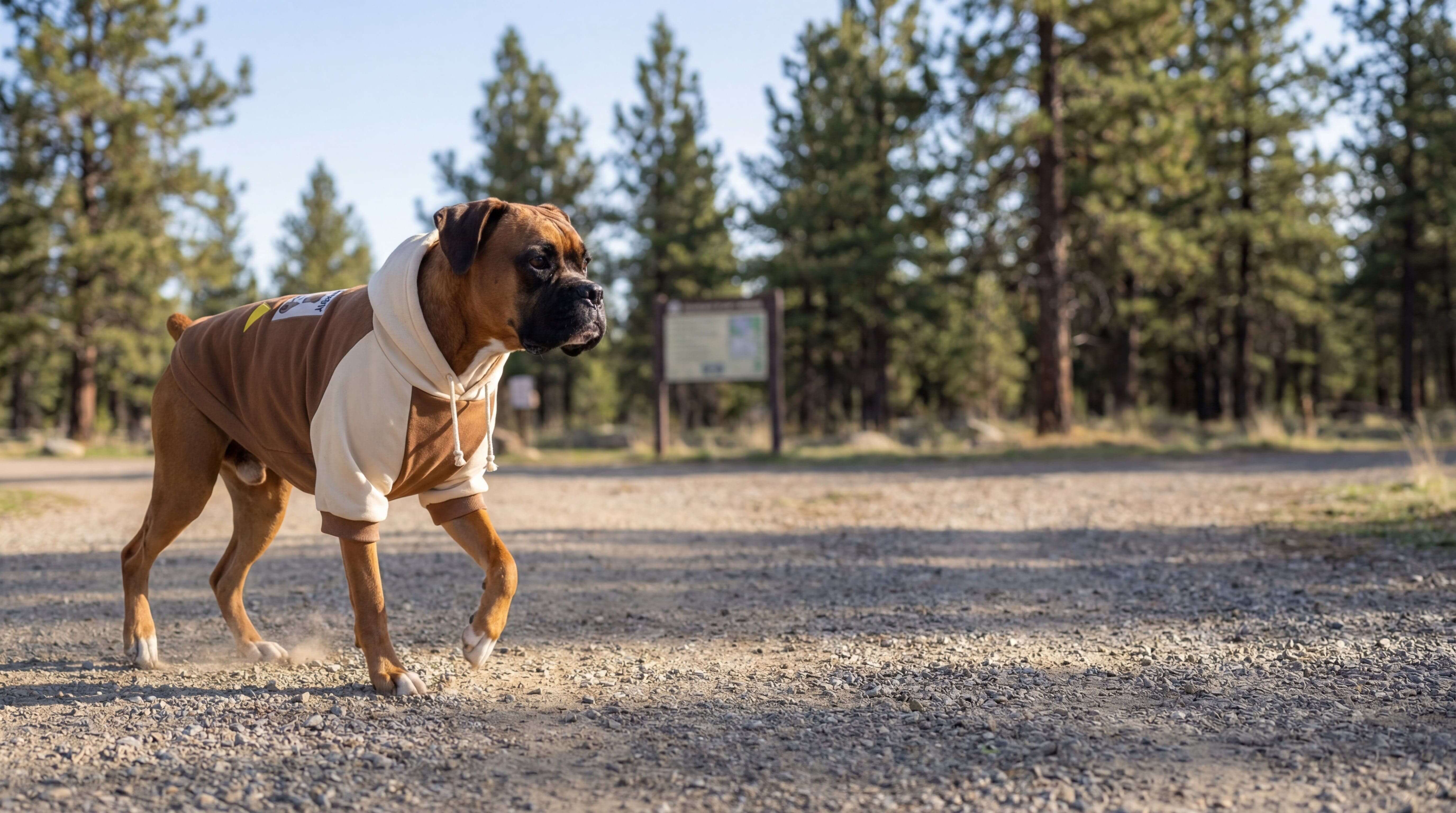 Brown dog in a hoodie walking on a gravel path surrounded by trees, showcasing Dogs & Cats brand pet apparel.