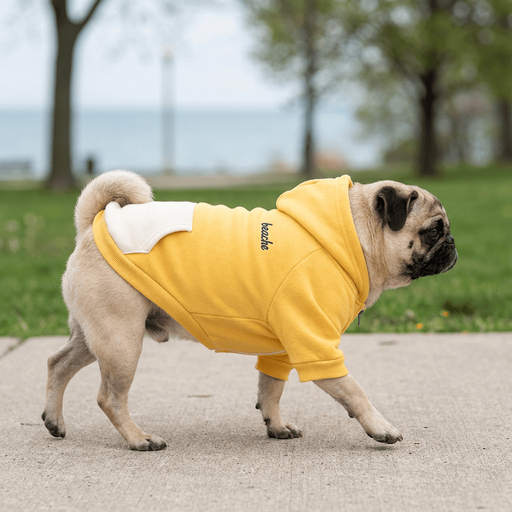 Pacific Style Dog Hoodie on a pug, showcasing its warm fleece design and breathable comfort for dogs.