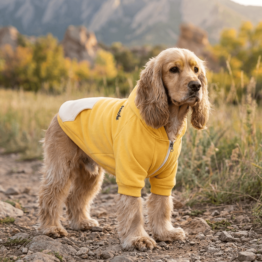 Pacific Style Dog Hoodie on a cute dog in the outdoors, featuring fleece, breathability, and comfort by Dogs & Cats.