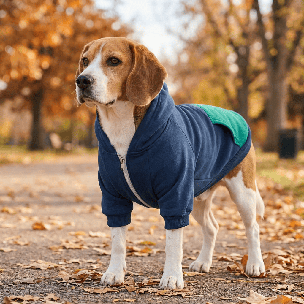 Pacific Style Dog Hoodie on a stylish dog in a fall park, featuring fleece material for warmth and comfort.