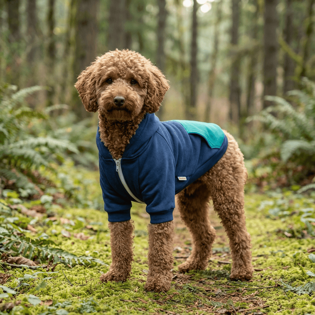 Pacific Style Dog Hoodie on a cozy dog in the forest, perfect for cool weather, breathable fleece by Dogs & Cats.