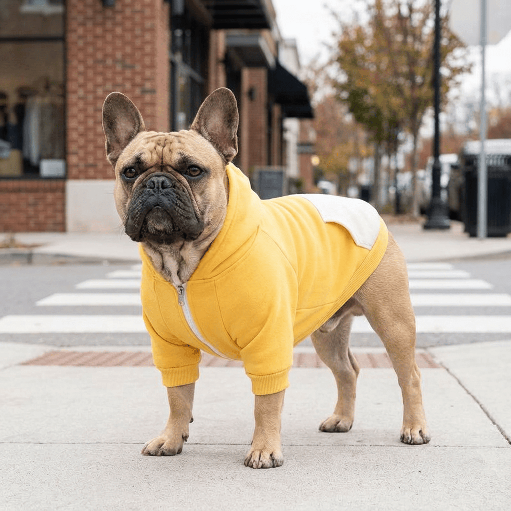 Pacific Style Dog Hoodie on a French Bulldog, fleece, stylish, warm, comfortable for dogs by Dogs & Cats.