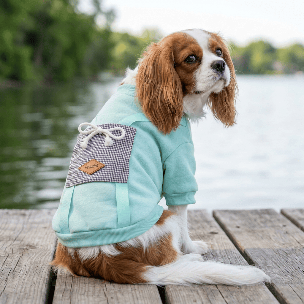 Padded Dog Sweater on a dog by Dogs & Cats brand, stylish hoodie with back pouch design, cozy and breathable fabric.