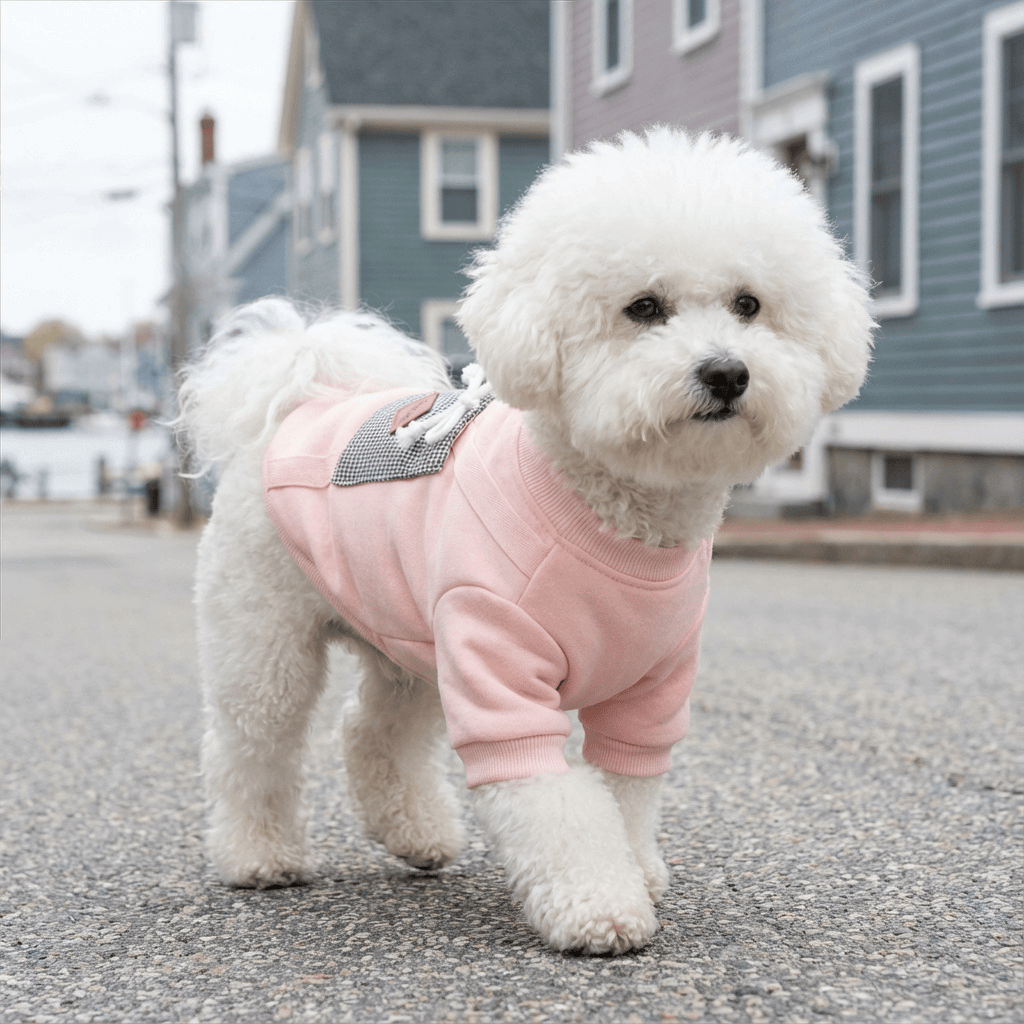 Padded Dog Sweater on a bichon frise, cotton breathable fabric, pullover style for dogs, stylish and cozy look.