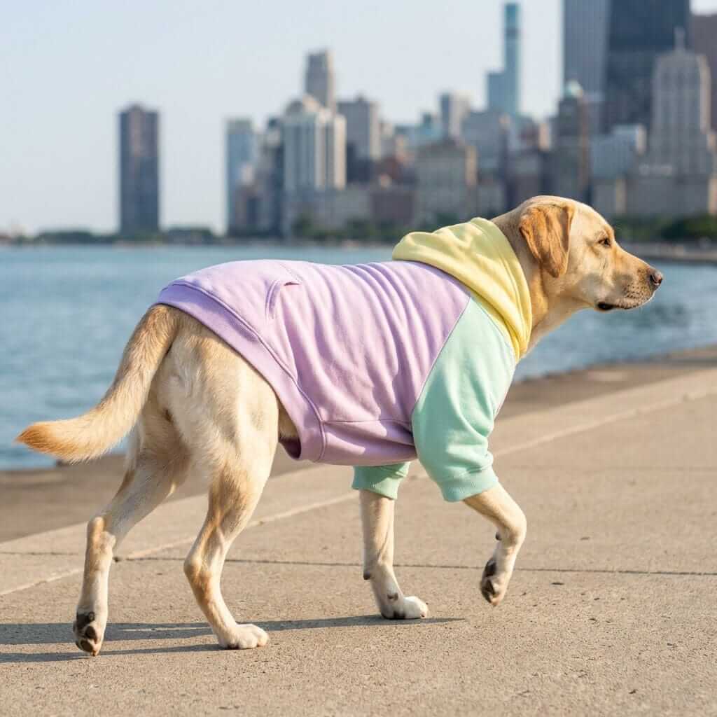Pastel Comfort Dog Hoodie on a Labrador, featuring soft cotton for warm, everyday comfort by Dogs & Cats.