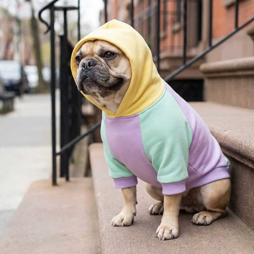 Pastel Comfort Dog Hoodie worn by a dog, featuring pastel colors, soft cotton fabric, and cozy design from Dogs & Cats.