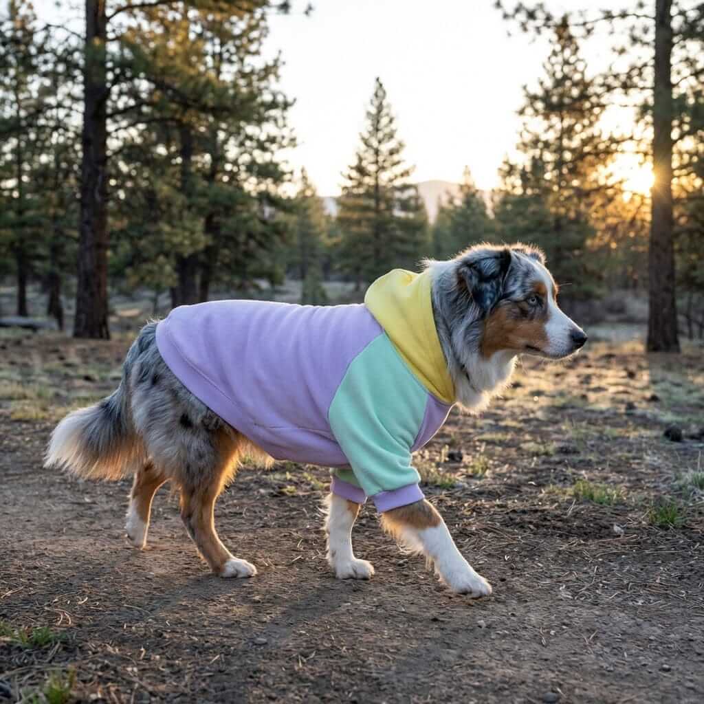 Pastel Comfort Dog Hoodie on a dog, soft lightweight cotton, perfect for everyday warmth, by Dogs & Cats.