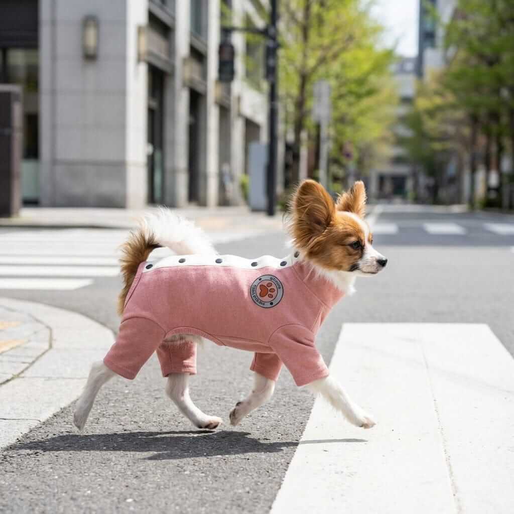 Paw Print Teddy Dog Sweater on a small dog walking outdoors, featuring soft fleece, lightweight design, by Dogs & Cats.